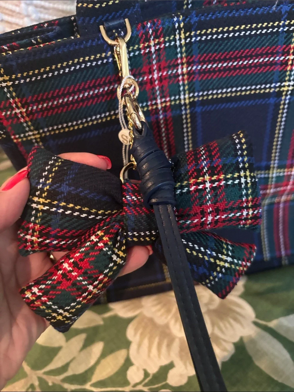 Shiraleah Plaid Tote Bag with Bow Accent - Navy Red Green - Picture 3 of 6